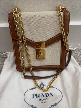 Prada Cream Canvas with Brown Leather-Trim Chain Crossbody